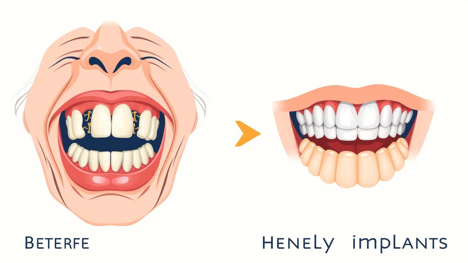 Ilustração comparativa antes e depois do tratamento com implantes dentários